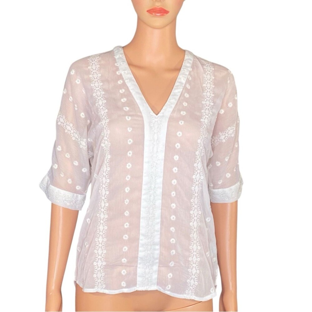 Olive & Oak White Embroidered Blouse Swiis Dot 3-4 Sleeve Button Down SZ XS